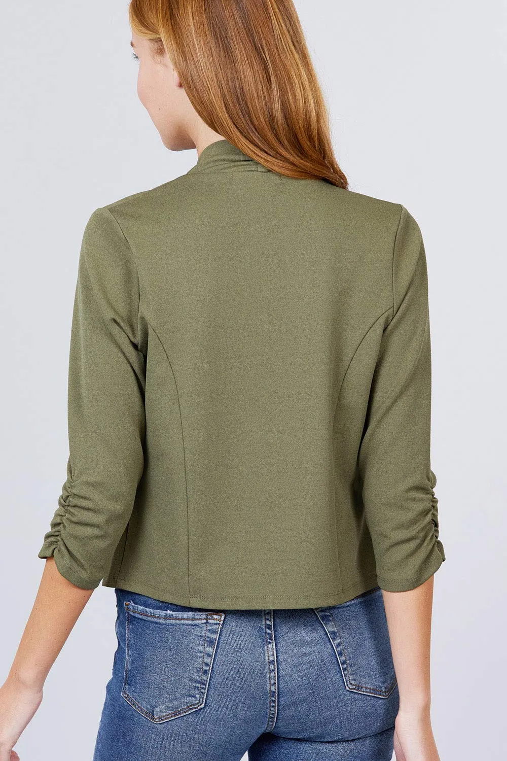 Women's 3/4 Shirring Sleeve Open Front Knit Casual Jacket