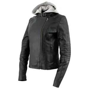 Xelement B91044 Women's ‘Quilt’ Black Leather Motorcycle Biker Racer Style Scuba Jacket with Hoodie